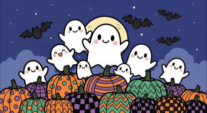 Ghosts and patterned pumpkins celebrate a festive Halloween night under a dark starry sky with flying bats.