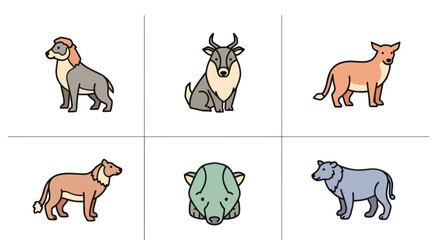 Obraz premium Set of six colorful wild animal illustrations including lion, antelope, wolf, and bear in simple vector style for wildlife and nature projects