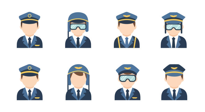 Set of eight flat style pilot avatars wearing uniforms, hats, and goggles, suitable for aviation, travel, and airline industry projects