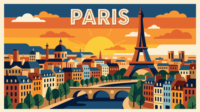 Elegant Paris travel poster featuring scenic urban views, riverside atmosphere, and colorful geometric architecture in a timeless tourism design style