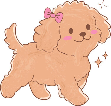 Adorable Happy Cavoodle Dog Wearing a Pink Bow, Watercolor Hand Drawn Cartoon Whimsical
