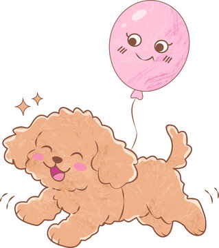 Adorable Happy Cavoodle Dog Chasing a Cheerful Pink Balloon, Watercolor Hand Drawn Cartoon Whimsical