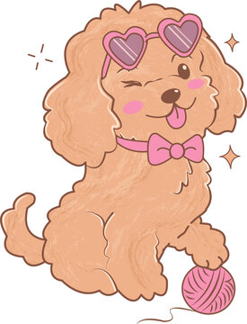 Adorable Happy Cavoodle Dog Wearing a Heart Sunglasses and Bow Tie with Ball of Yarn, Watercolor Hand Drawn Cartoon Whimsical