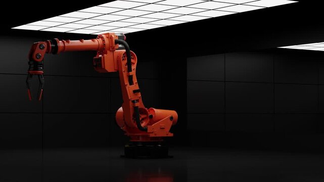 Modern orange industrial robotic arm in dark studio room setting for manufacturing and automation technology-3D rendering