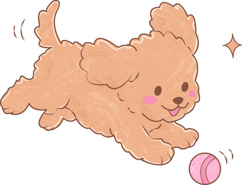 Adorable Happy Cavoodle Dog Running and Playing Ball, Watercolor Hand Drawn Cartoon Whimsical
