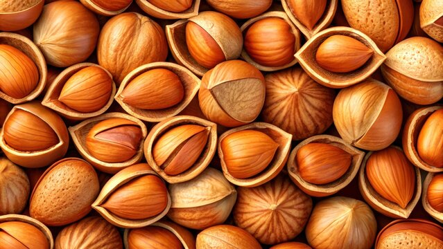 Close-up of shelled nuts in rustic pile with husk remnants on wooden surface