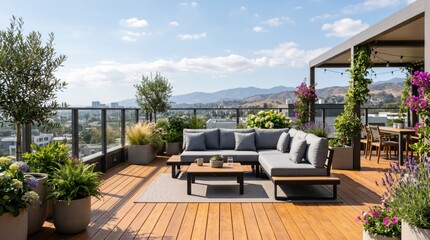 Obraz premium Luxury rooftop terrace with comfortable outdoor furniture and mountain view