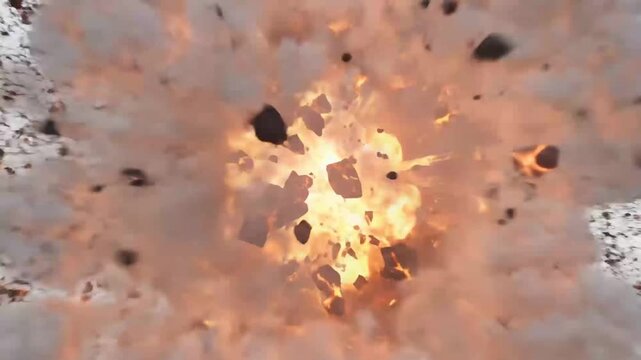 Explosion blast with flying debris fragments.