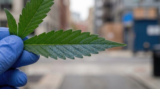 Hand in blue glove holding a cannabis leaf with powdery mildew