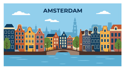 Obraz premium Charming Amsterdam travel poster showcasing canal-side urban scenery, colorful architecture, and geometric design in a timeless tourism illustration style
