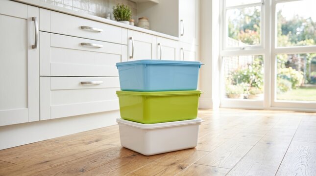 Stack of three colorful plastic storage containers on a kitchen floor