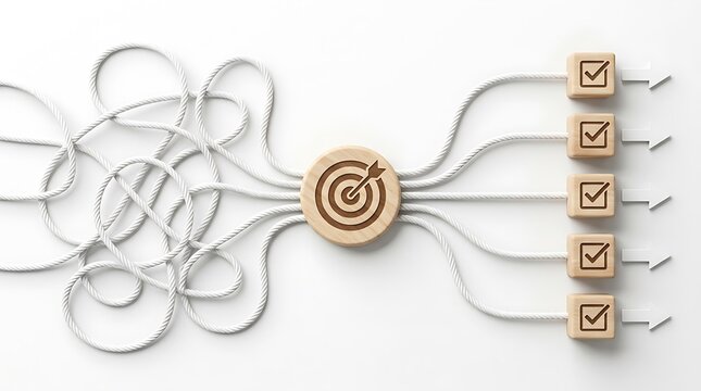 Symbolic wooden target with tangled rope transforming into a clear checklist of completed tasks and goals on white background