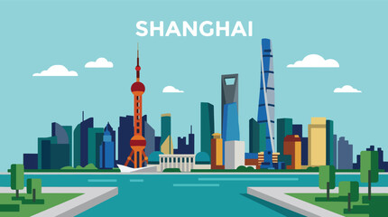 Obraz premium Contemporary Shanghai travel poster featuring a striking waterfront skyline, colorful urban scenery, and geometric architecture in tourism illustration style