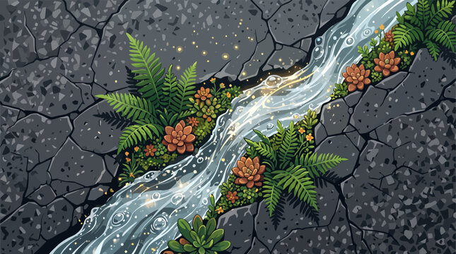 Water stream breaking cracked asphalt, resilient ferns growing through concrete road, ecological recovery concept, nature survival - stock vector.
