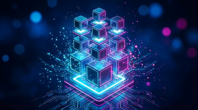 Digital blockchain network represented by glowing cubes interconnected in a complex structure with circuit board elements and glowing particles on a dark blue background.