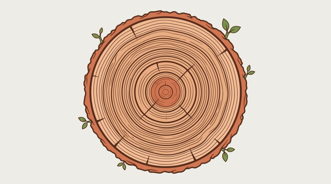 Tree trunk cross section with rings, wooden log texture, fresh green sprouts growing from bark, resilience nature concept - stock vector.