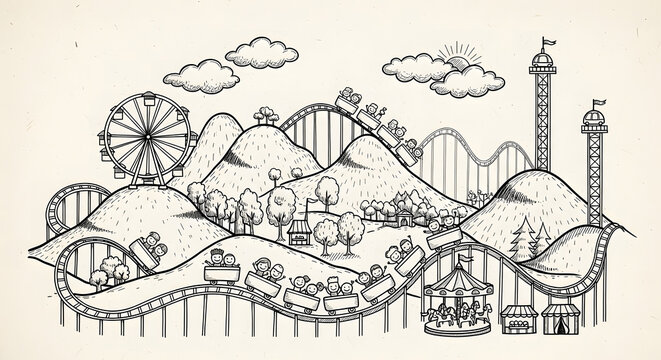 Amusement park sketch features a detailed line drawing of roller coasters and carnival rides set against rolling hills.