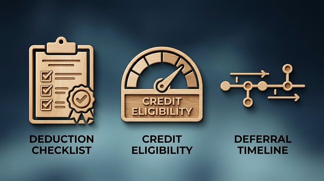 Wooden icons representing deduction checklist, credit eligibility gauge, and deferral timeline on a dark gradient background