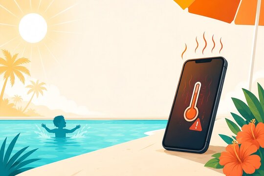 炎天下のプールサイドで高温アラートを表示するスマートフォンと水遊びする子ども｜スマートフォン,熱中症,高温警告,プール,夏,安全対策
