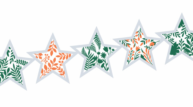 Five stars decorated with green and orange floral patterns on a white background, representing nature and beauty.