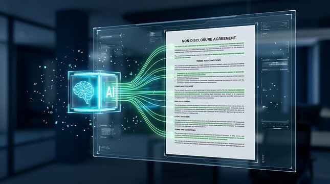 Artificial Intelligence AI analyzes a Non-Disclosure Agreement NDA on a digital futuristic interface, showcasing legal tech automation and smart contract review.