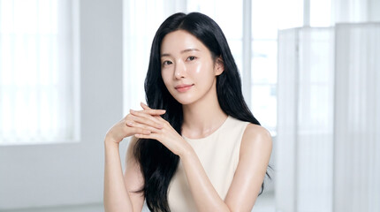 Naklejka premium Elegant young woman in a studio beauty portrait with clear skin