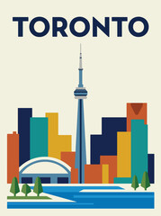 Naklejka premium Modern Toronto travel poster featuring a colorful skyline, waterfront scenery, iconic observation tower silhouette, and flat vector tourism illustration