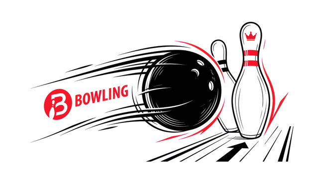 Bowling ball hitting pins, dynamic motion lines, sport illustration, red and white