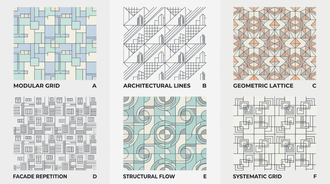 Architectural Patterns: Modular Grid, Geometric Lattice, Facade Repetition, Structural Flow