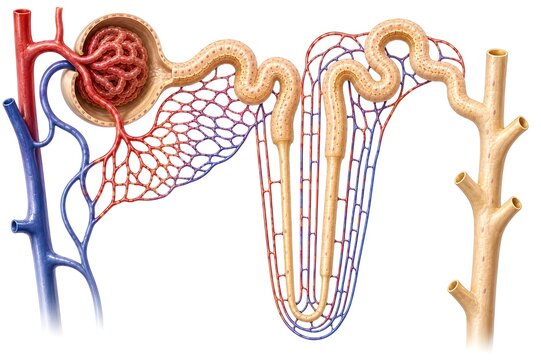 Human nephron with associated renal microvasculature, including glomerulus, Bowman's capsule, proximal convoluted tubule, loop of Henle, distal convoluted tubule, collecting duct, peritubular capillar