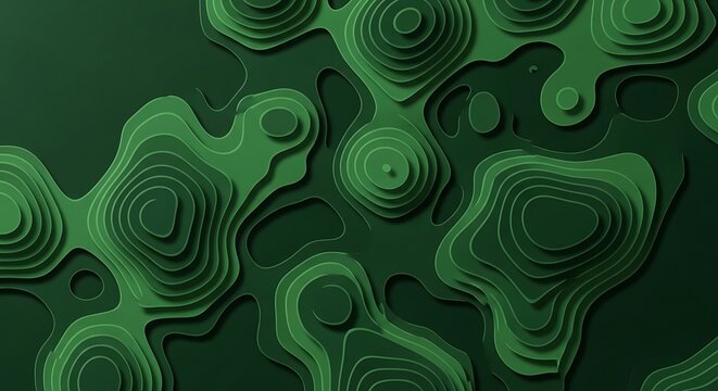 Abstract layered green topographic map style pattern with varying shades and depths.