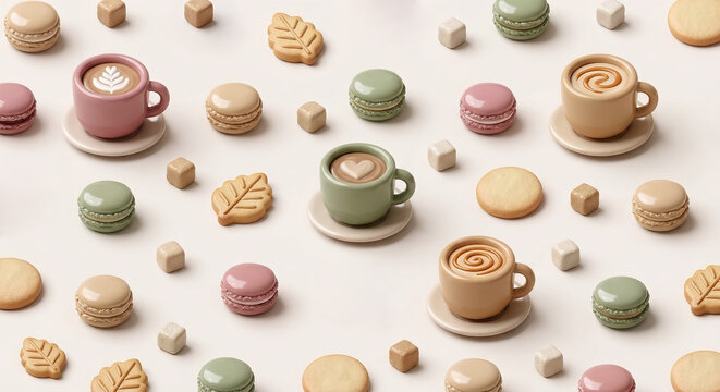 3D clay coffee cup and sweet macaron pattern background, cafe dessert wallpaper with cookies and sugar cubes.