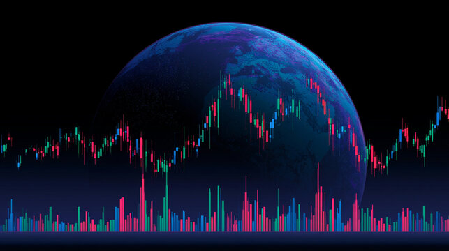 Global economy stock market chart with glowing planet earth in dark background
