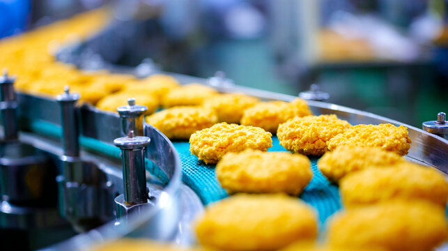 Rows of golden baked round biscuits on factory metal conveyor belt line
