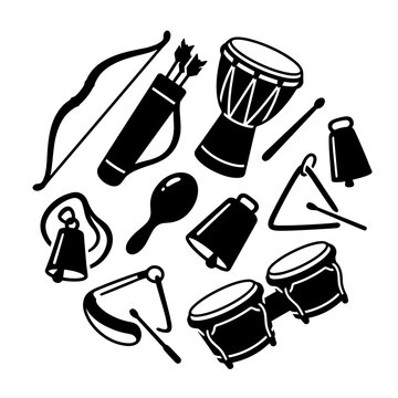 Circular set of black vector icons featuring traditional music instruments, percussion, and archery on a white background