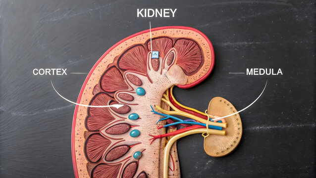 Human kidney anatomy with cortex and medulla labeled
