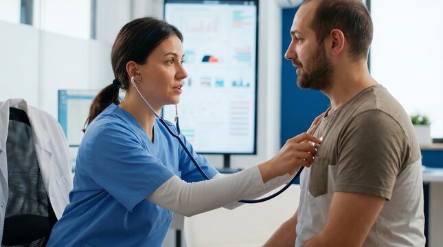 Healthcare Professional Performs Medical Checkup on Male Patient with a Stethoscope in Clinic