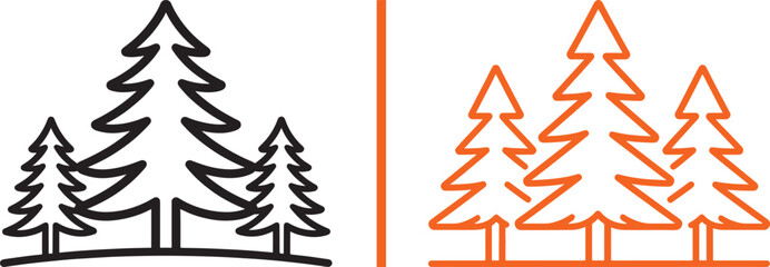 Fototapeta premium Pine tree forest line icon vector set in black and orange outline styles for nature and outdoor branding