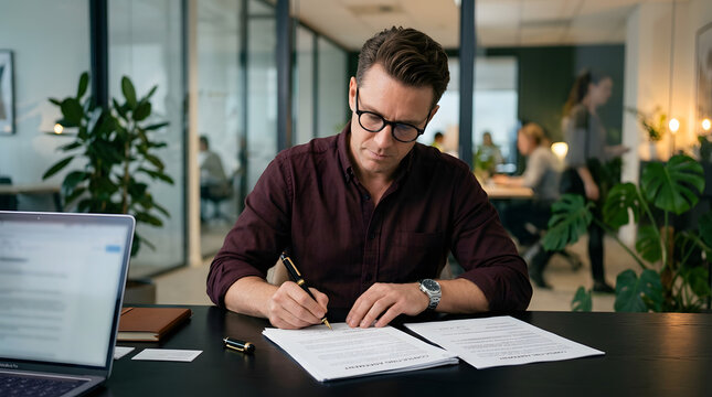 Businessman sits at a modern office desk while diligently signing important contractual documents for a corporate agreement.