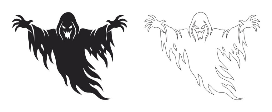 Spooky Halloween Flying Grim Reaper Wraith Silhouette And Line Art Vector Illustration For Creepy Holiday Party Invitation Haunted House