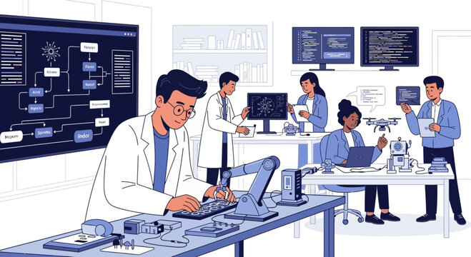 Scientists Collaborating in High-Tech Research Lab