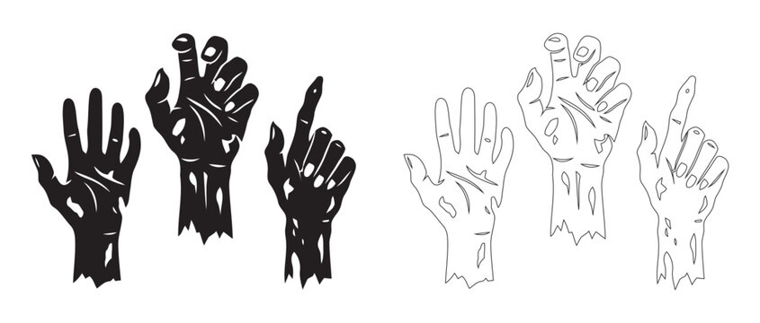 Spooky Halloween Scary Zombie Hands Set Silhouette And Line Art Vector Illustration For Creepy Holiday Party Invitation Haunted House And Gothic Decoration