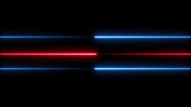 Three horizontal glowing neon light lines are arranged vertically against a solid black background with the and bottom lines in bright blue and the middle line in vibrant red creating a striking