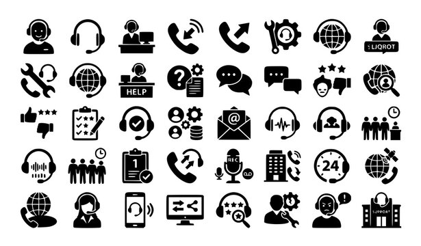 Customer Support and Call Centre Silhouette Icons Vector Collection Isolated on White