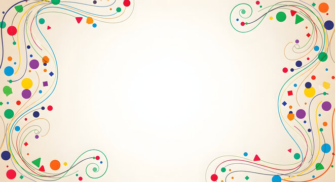 Decorative abstract swirl border with colorful geometric shapes and flowing lines on a light cream background for creative design