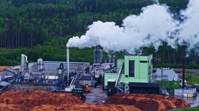 An aerial shot of a large industrial sawmill processing wood with steam rising from stacks, suitable for sustainability and timber industry content.