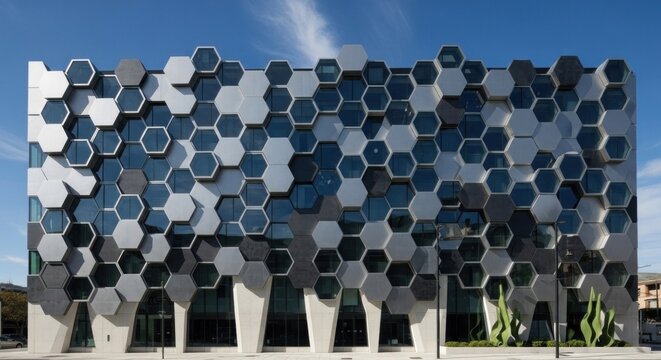 A modern, geometrically designed building with a honeycomb pattern of hexagonal windows and metal panels, set against a clear blue sky with some clouds.