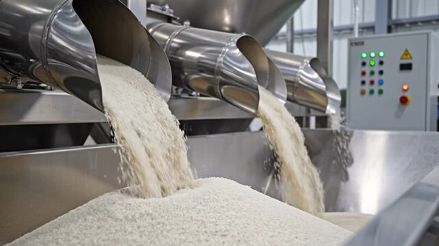 Industrial Automated Production Line Pouring White Granular Material into Hopper. 4K Video
