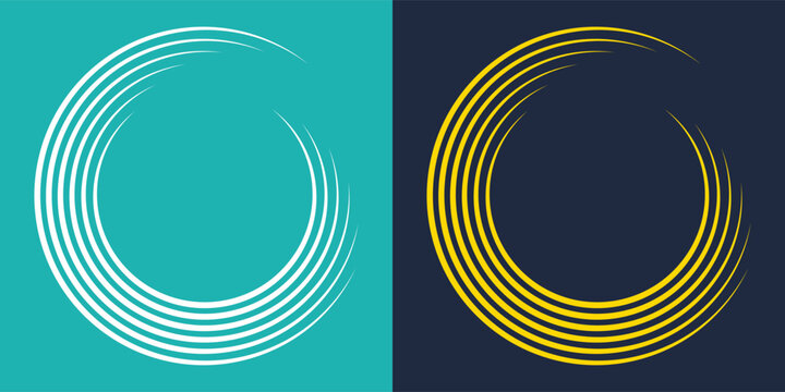 Abstract geometric circular lines logo set with white and yellow spiral vortex elements on turquoise and dark blue backgrounds