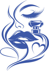 Obraz premium Blue silhouette of a woman's face with perfume bottle and heart